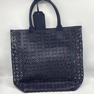 Tory Burch Tote Bag Navy Perforated Geometric Cutout Beach Resort Travel